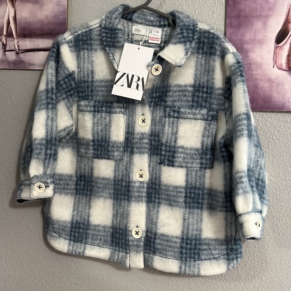 Zara Fleece Overshirt/coat plaid blue cream Girl/boy 4-5 years New